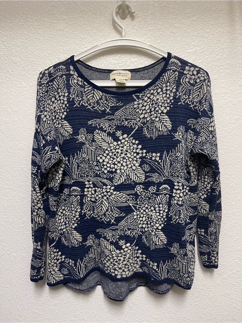 DENIM & SUPPLY Ralph Lauren Blue & White Boho Floral Linen Knit Sweater Size M
